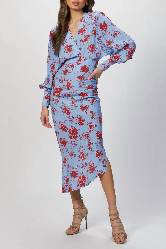 The Good Stuff Asymmetrical Dress In Sky/vermillion Floral Everyday Glamour