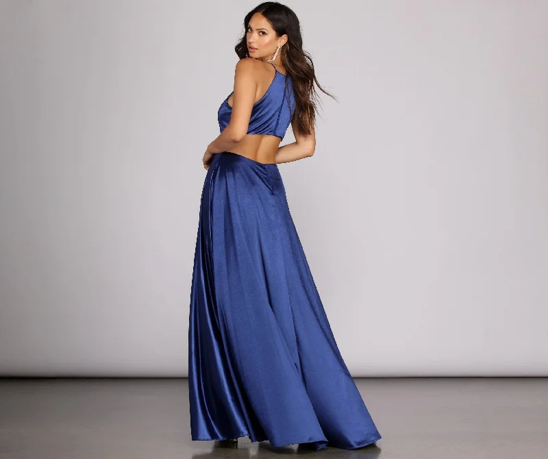 Seasonal Sale Gabrielle Formal High Charming Slit Satin Dress Final Clearance