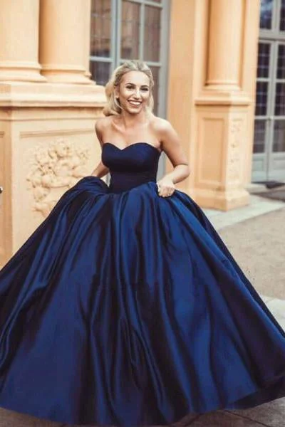 Don't Miss Out Navy Blue Ball Gown Sweetheart Prom Dresses Princess Satin Strapless Long Prom Gown N1578 Rustic Countryside Charm Look