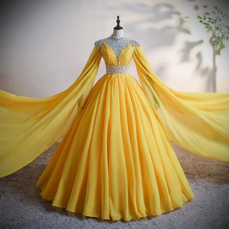 Limited Time Deal Yellow Chiffon Long Beaded Ball Gown Formal Dress, Yellow Formal Dress, Prom Dress   cg16925 Seasonal Trend