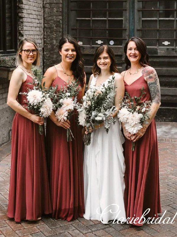 Unleash Your Trendy Side Rust Red A-line V-neck Simple Long Bridesmaid Dresses Minimalist Office - Ready Style