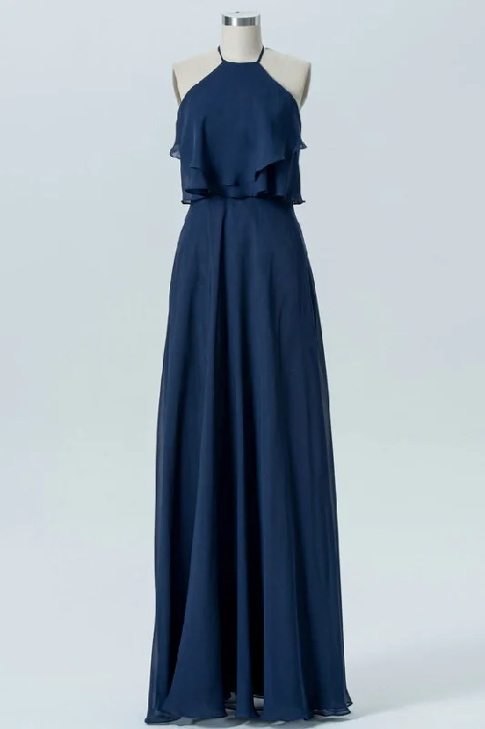 Relaxed Style Deals Navy Blue Halter Backless Ruffled Bridesmaid Dress Flash Sale