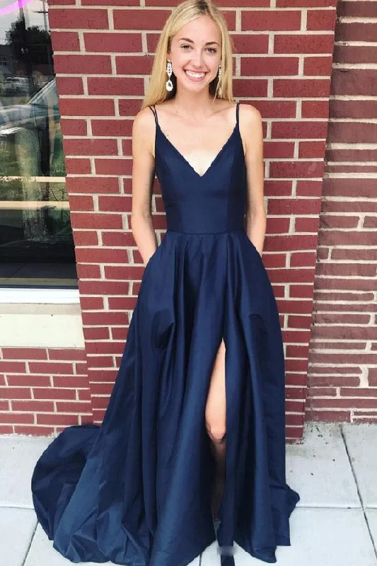 Special Offers, Don't Miss Dark Blue Spaghetti Strap Long Satin Evening Dresses Long Sleeveless Split Prom Dresses N1135 Flash Deals