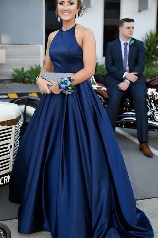 Hot Sale Blue Halter Satin Sleeveless Prom Dresses A Line Long Formal Dresses N2449 Minimalist Chic