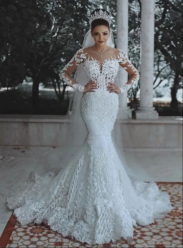 Spring Fashion Gorgeous Vintage Wedding Dresses Lace Long Sleeves Mermaid Wedding Gown Tropical Island - Inspired Attire