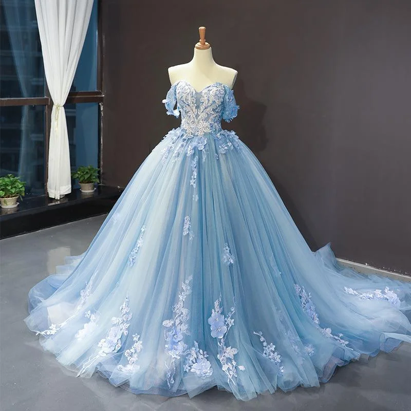 Flash Sales Off the Shoulder 3D Flowers Blue Wedding Dress Graceful Drape