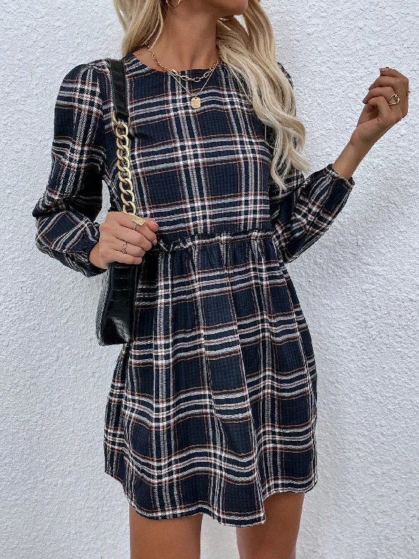 Fashion-Forward KittenAlarm - Plaid leisure long sleeve waist pleated dress Classic Timeless Elegant Style