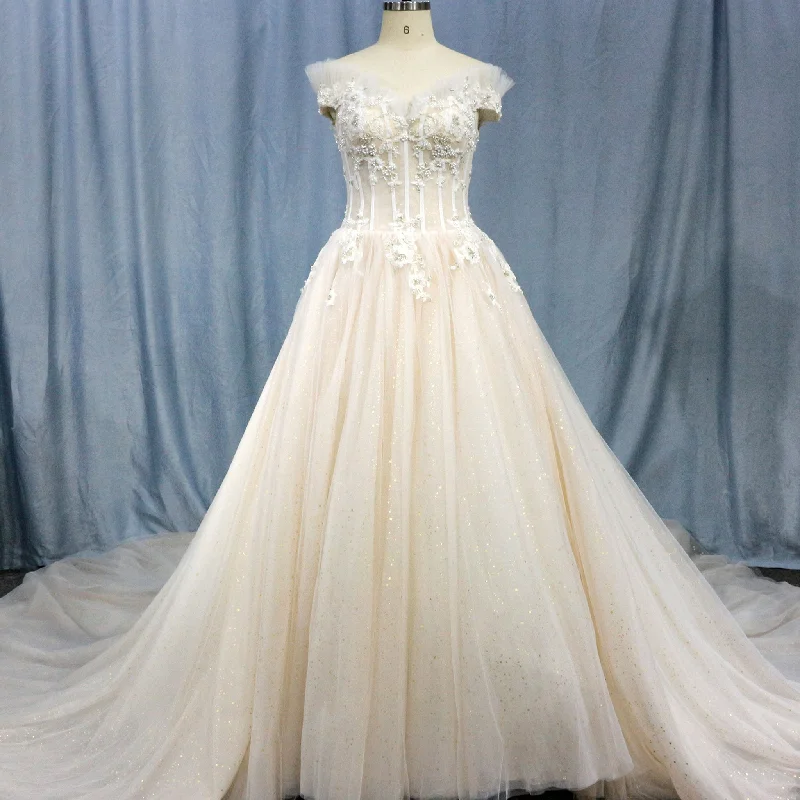 Glamorous Fashion Offers Elegant Shiny Tulle Princess Wedding Dress with Lace Applique Graceful Cut