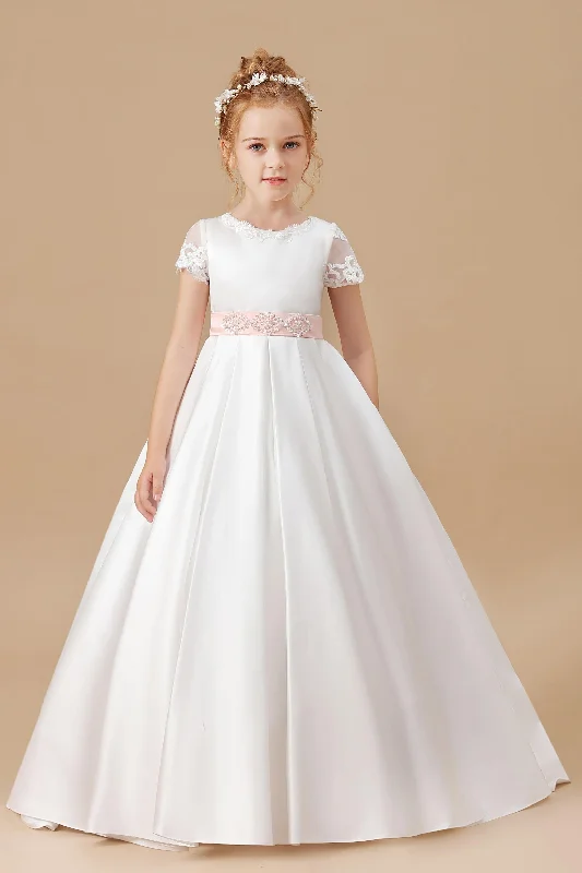 Elegant Style Ivory Floor-length Lace Satin Flower Girl Dresses With Pink Bowknot Feminine Soft - Hued Styles