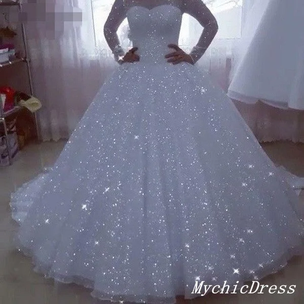 The Good Stuff Sparkly Ball Gown Sequin Wedding Dresses Long Sleeves Bridal Wears Feminine Soft - Hued Styles