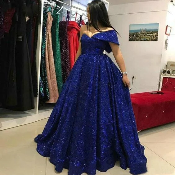 Hot Sale Luxury Dark Royal Blue Evening Gowns Off Shoulder Bling Bling Ball Gown Evening prom Dresses   cg11991 Vibrant Prints