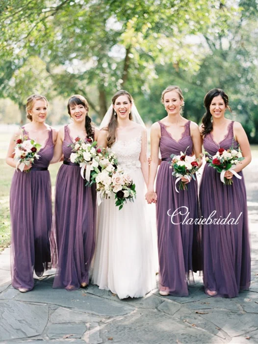 Quick Grab Deals V-neck Purple Tulle A-line Long Bridesmaid Dresses Modern Romance