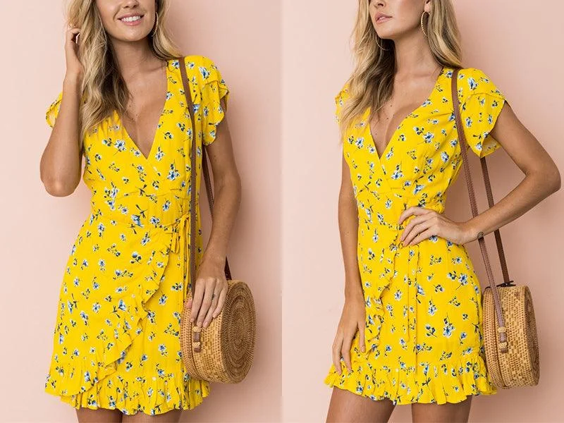 Classic Elegance Sales YELLOW FLORAL MINI ITS A WRAP DRESS Sophisticated Cut