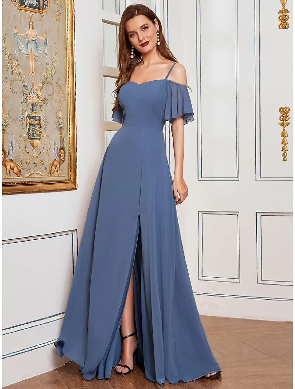 Flash Sale Starts A-Line Bridesmaid Dress Off Shoulder Sleeveless Elegant Floor Length Chiffon with Ruffles / Draping / Solid Color Score Big On Glamorous Red - Carpet Styles