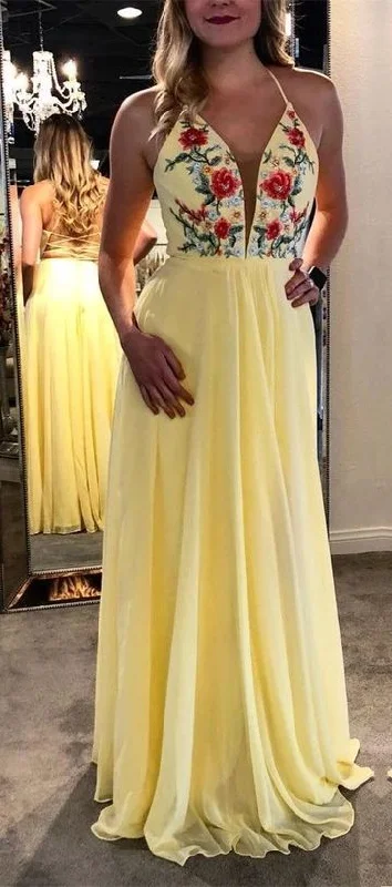 Refined Fashion Sale Yellow Prom Dress,Chiffon Evening Dresses,Appliques Prom Dresses,Halter Prom Gown   cg16196 Sophisticated Cut