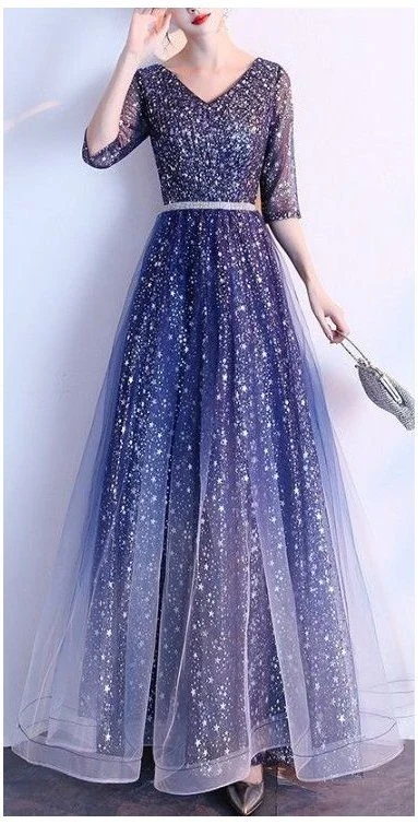 Essentials On Sale A-line Blue Shiny Gown fashion Prom Dress    cg18013 Statement Piece