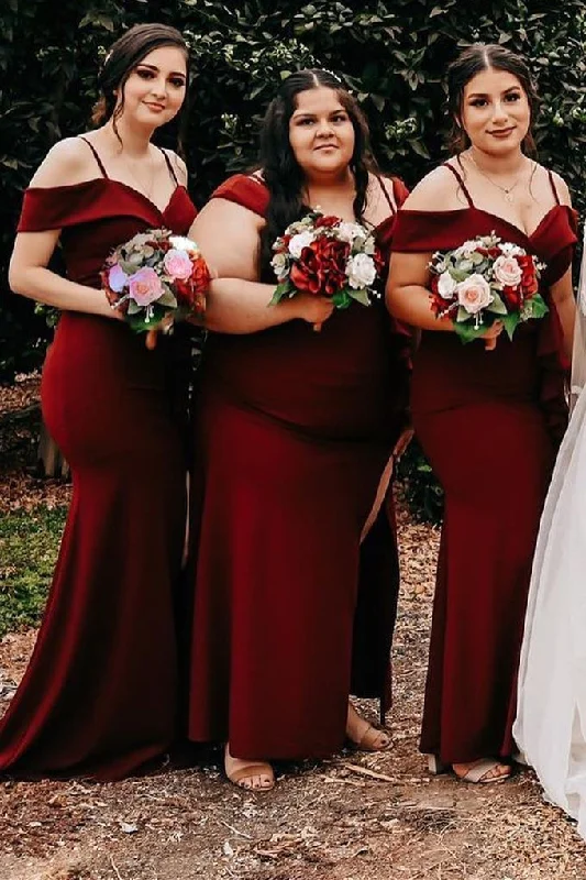 Spring Offer Wine Red Cold Shoulder Mermaid Bridesmaid Dress Romantic Flair