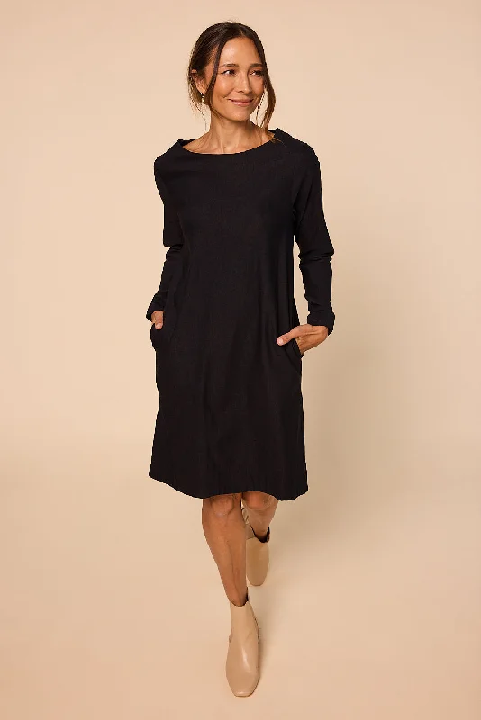 Glamorous Fashion Offers Boatneck Ponte Long Sleeve Dress in Black Elevated Style