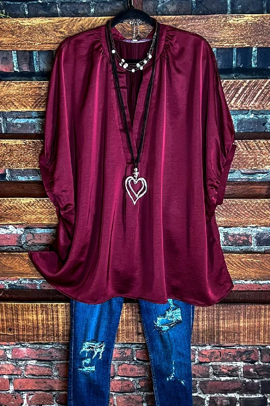 Style Breakthroughs GLAMOROUS CELEBRATION DARK BURGUNDY SATIN OVERSIZED TUNIC Alluring Design