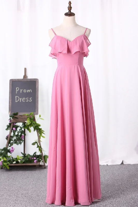 Boutique Styles Pink Spaghetti Straps Ruffled Long Bridesmaid Dress Everyday Glamour