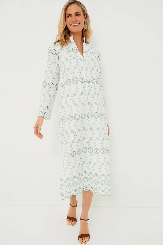 Boutique Styles Gasparilla Green Eyelet Button Front Long Sleeve Caftan Elegant Details