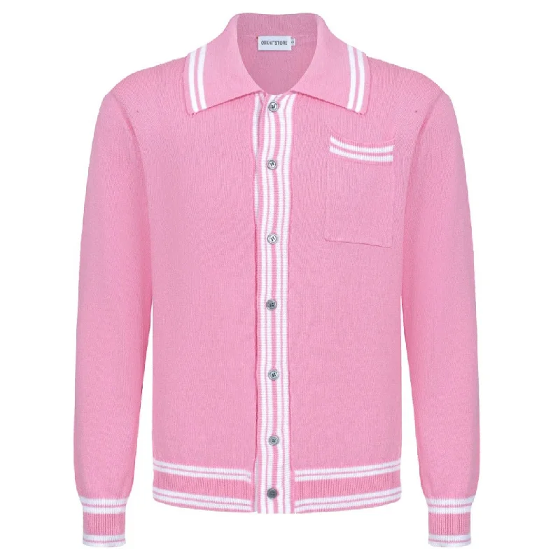 Comfort Meets Fashion Men's Pink Knitted Long Sleeves Polo With Apricot Lines Alluring Design