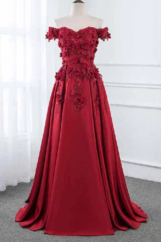 Flash Sale Now Burgundy Off the Shoulder A Line Satin Prom Dresses with Lace Flowers Party Dresses N1347 End - Of - Month Blowout