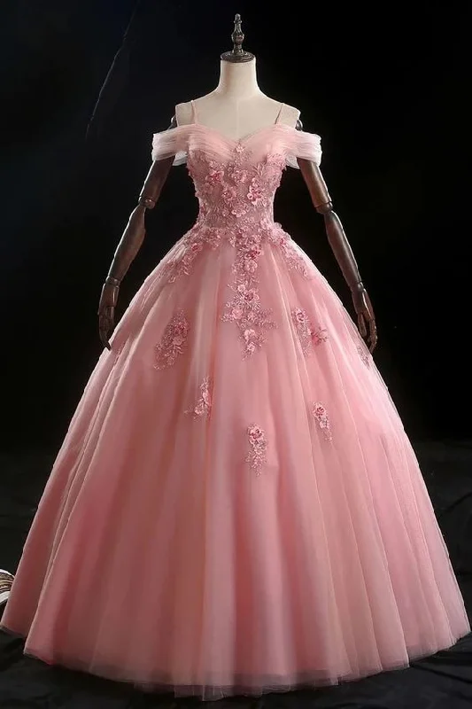 Exclusive Discounts Pink Ball Gown Off Shoulder Prom Dress with Flowers   cg15902 Sleek Design