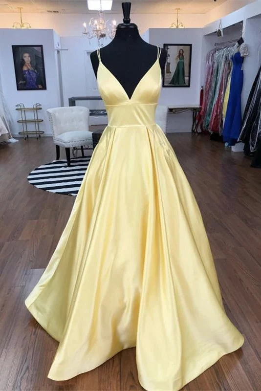 Contemporary Fashion Sale Spaghetti Straps V-Neck Long Daffodil Satin Prom Dress Y0102 Cottagecore Rustic Charm Style