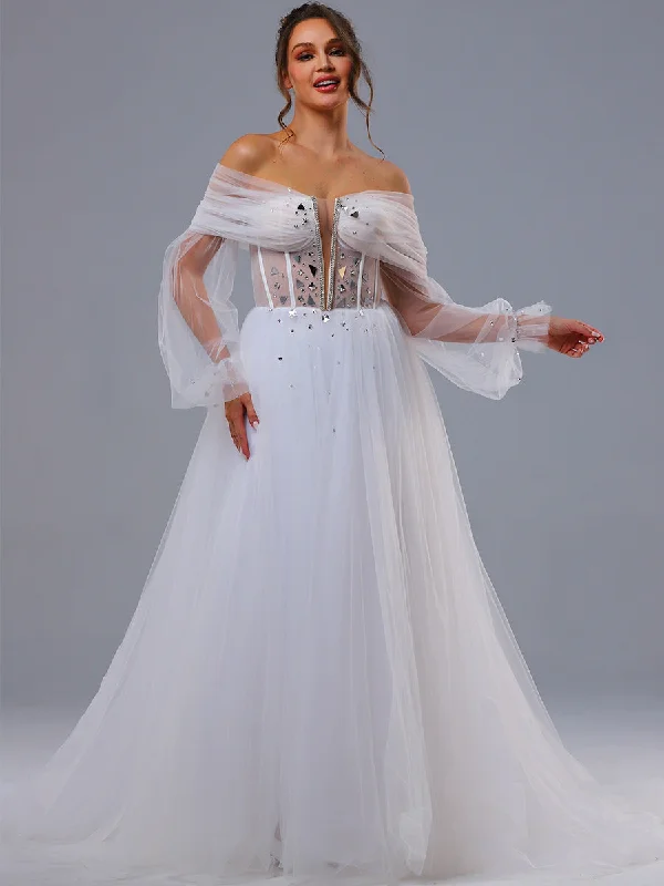 Stylish Savings Off Shoulder Bishop Sleeve Wedding Dress A line V neck Flash Sale