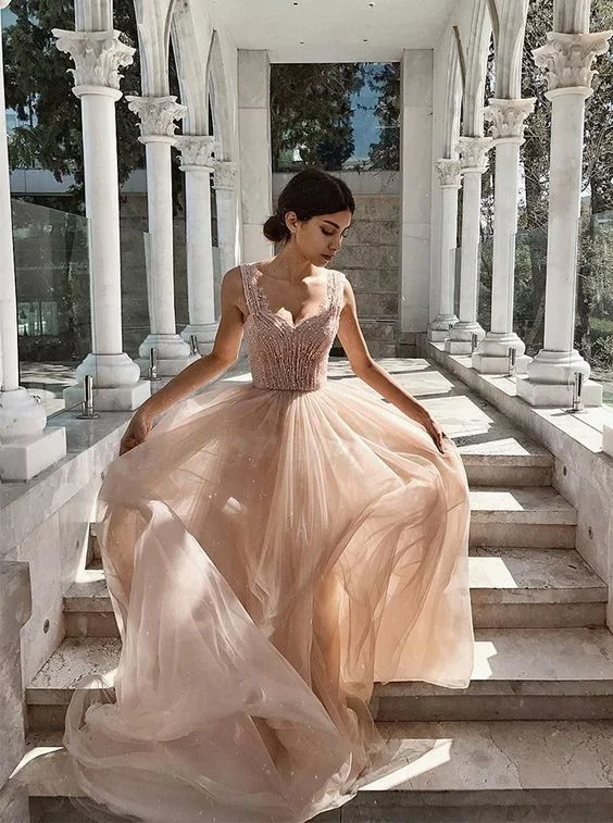 Affordable Luxury Fashion Sparkly Straps Long Prom Dress with Beading Sleeveless Blush Prom Gown   cg9283 Feminine Soft - Hued Styles