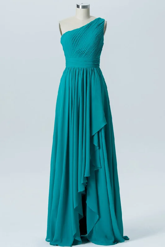 Browse Our Top Products Turquoise Chiffon One-Shoulder Ruffled Bridesmaid Dress Statement Piece