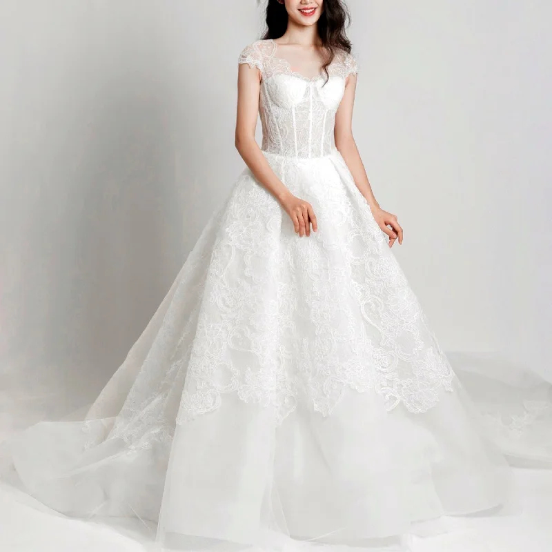 Premium Style Offers Lace Vintage Cap Sleeve Wedding Dress with Sheer Bodice Alluring Design