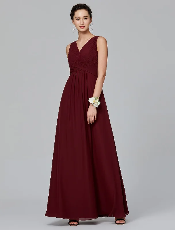 Must Haves A-Line Bridesmaid Dress V Neck Sleeveless Floor Length Chiffon with Criss Cross / Side Draping Great Deals On Ethnic Cultural Wear