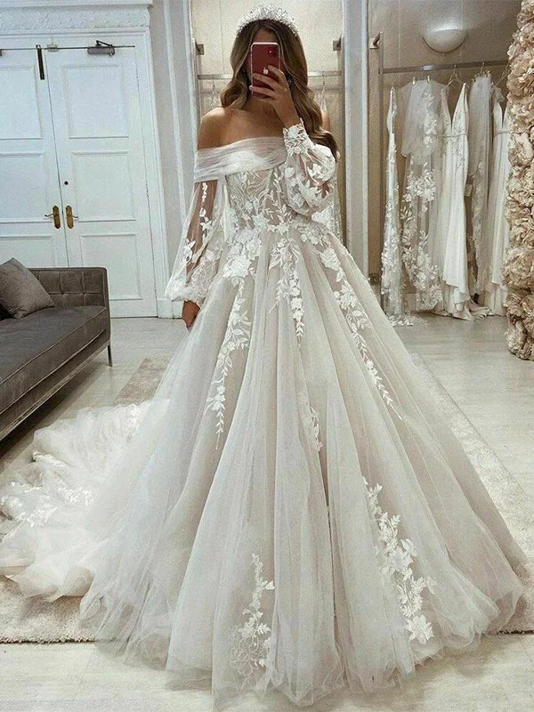 Urban Elegance Deals Gorgeous Long Puff Sleeve Beach Tulle Lace Wedding Dresses A Line Cottagecore Rustic Charm Style