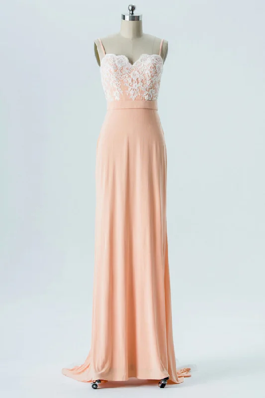 Luxury Casual Deals Peach Chiffon Straps Bridesmaid Dress with Sweeping Train Classic Timeless Elegant Style