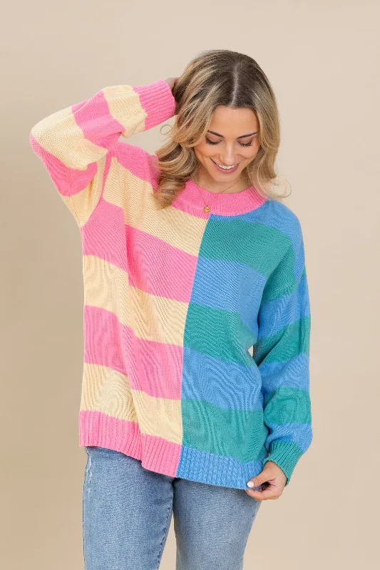 Avant-Garde Style Promotions Pink And Blue Stripe Long Sleeve Sweater Feminine Soft - Hued Look