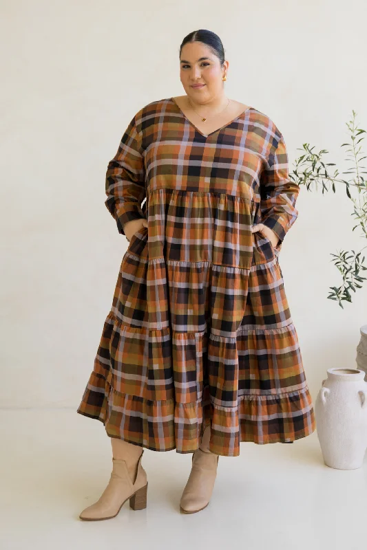 Premium Style Offers Long Sleeve Waterfall Dress | Fall Check | FINAL SALE Effortless Sophistication