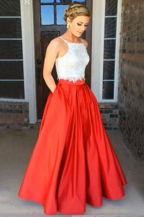 The Latest Trends Two Piece Red Square Neck Satin with Appliques Lace Prom Dresses N426 Elegant Details