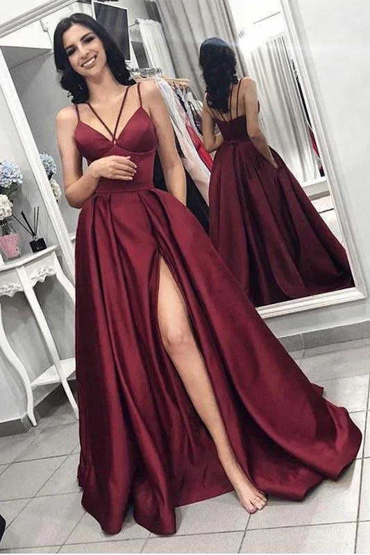 New Styles Just In Sexy Burgundy Spaghetti Straps Satin Prom Dresses with High Slit Big Savings On Minimalist Office Styles