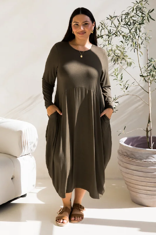 Smart Casual Deals Long Sleeve Soho Dress | Moss Green Seasonal Trend