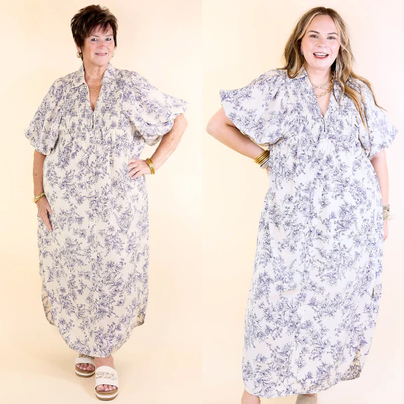 Elegant Fashion Offers Timeless Blossom Floral Print Button Up Dress in Cream and Blue Vibrant Prints