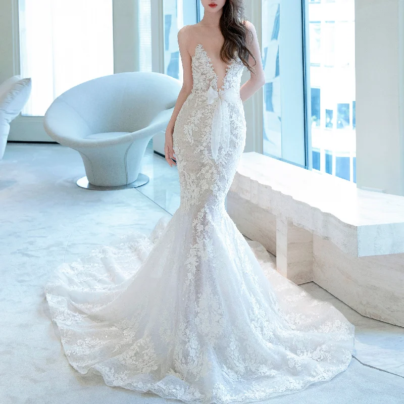 Limited Time Deal Sheer Lace Trumpet Mermaid Wedding Dress with Open Back Feminine Grace