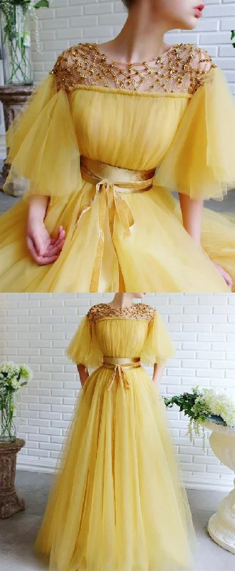 Contemporary Fashion Sale modest yellow prom dress long prom dresses with tulle evening gown   cg8637 Elegant Details