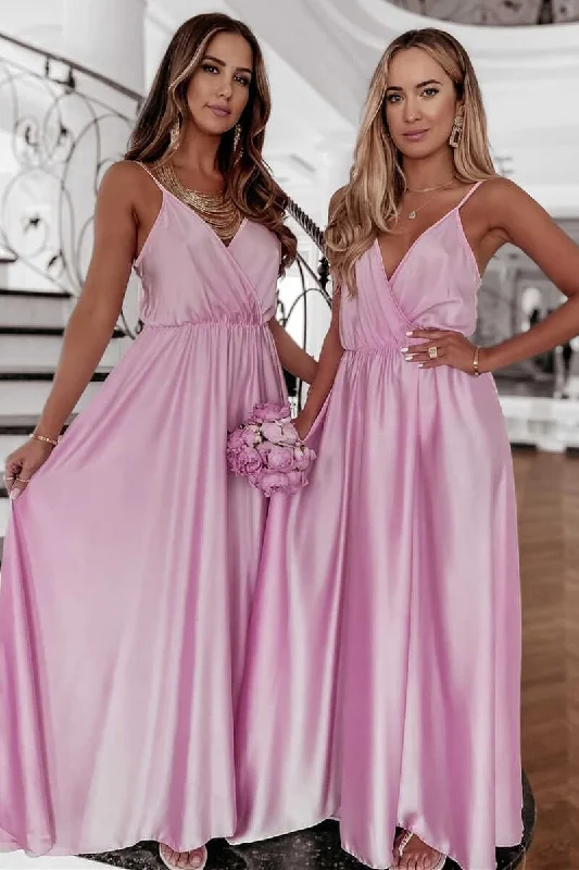 Fashionista Favorites Pink Wrap Spaghetti Straps A-Line Long Bridesmaid Dress Refined Look