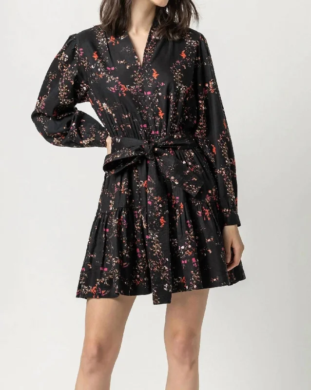 Exclusive Discounts Long Sleeve Split Neck Peplum Dress In Black Floral Buy More, Save More