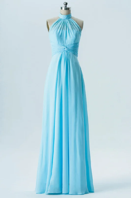 Limited Time Offers Light Blue High Collar Twist-Front Bridesmaid Dress Luxury Comfort