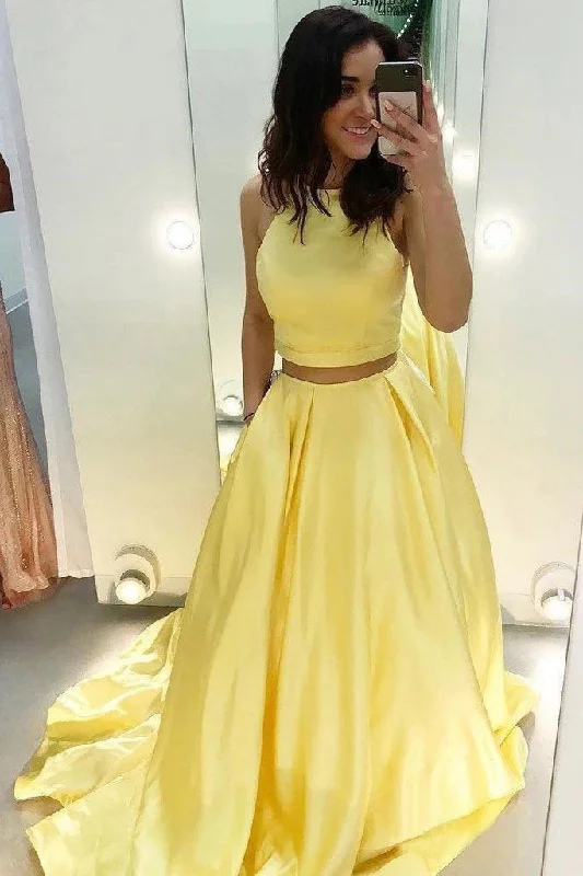 Seasonal Style Discounts Two Piece Yellow Satin Formal Evening Dresses Long Prom Dresses N2046 Romantic Detailing