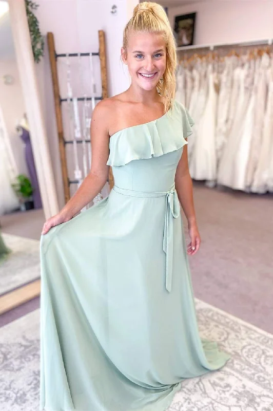 The Latest Trends Sage Green One-Shoulder Ruffled Bridesmaid Dress Bold Patterns