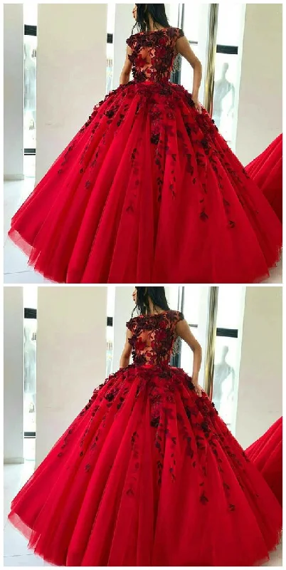 The Good Stuff Ball Gown Jewel Sweep Train Red Tulle Prom Dress With Appliques Flowers   cg12015 Minimalist Chic